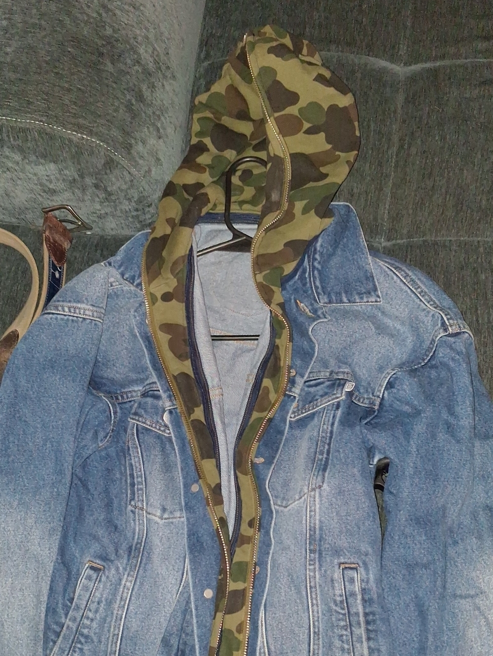 Denim Jacket with Camo Hood